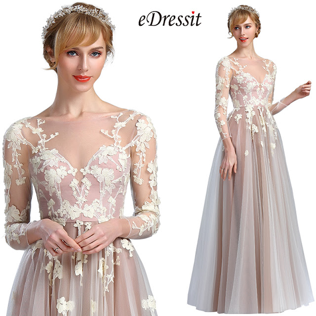 A-line long sleeves fancy prom dress