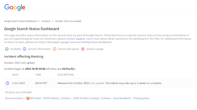 لقطة شاشة من لوحة بيانات حالة بحث جوجل تُظهر إطلاق تحديث أكتوبر الأساسي في أنظمة بحث جوجل