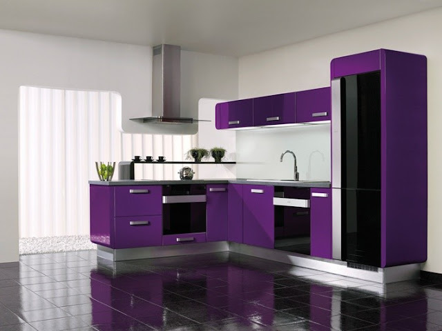 Contoh desain dapur minimalis warna ungu