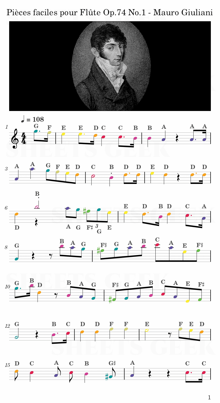 Pièces faciles pour Flûte ou Violon, Op.74 No.1 - Mauro Giuliani Easy Sheet Music Free for piano, keyboard, flute, violin, sax, cello page 1