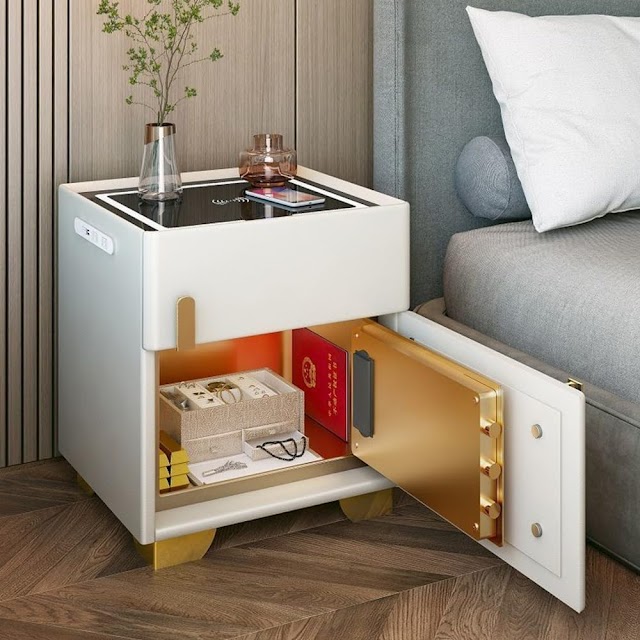 Bedside Table Smart Nightstand Wireless Charging with Led Safety Deposit Box