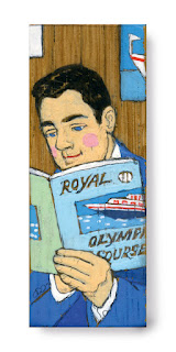 illustration on wood: man reading a travel catalogue