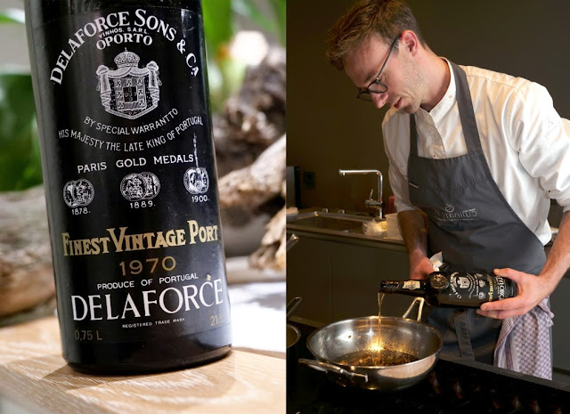 Auch ein mehrere Jahrzehnte alter Vintage Port aus der privaten Schatzkammer von Anette Closheim wird von Manuel Weyer fürs Wine & Dine Menü mit verkocht.
