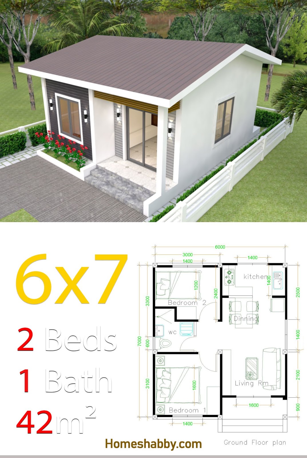 Desain Dan Denah Rumah Minimalis Modern Dengan Luas Tanah 7 X 6 M 42 M2 Rumah Mungil Dengan 2 Kamar Tidur Homeshabbycom Design Home Plans