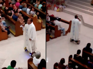 priest using hoverboard in church