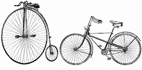 A high wheel bicycle and a saftey bicycle late 1800s