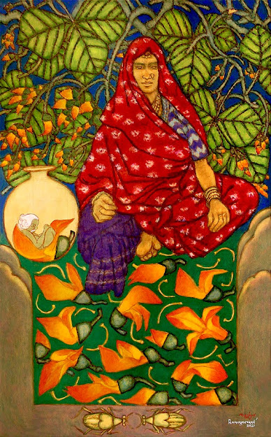 Subaltern Nayika and the Orange Palash Tree, Oil on Canvas, 78" x 48", 2021