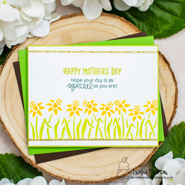 Daffodil Mother's Day Card by Zsofia Molnar | Spring Garden Line Stencil, Dainty Daisies Stamp Set and Mom & Dad Stamp Set by Newton's Nook Designs