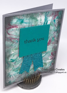 Linda Vich Creates: Shaving Cream Thank You Cards. Simple thank you cards that sport marblelized backgrounds topped with stitched sentiments with glimmer paper banners.