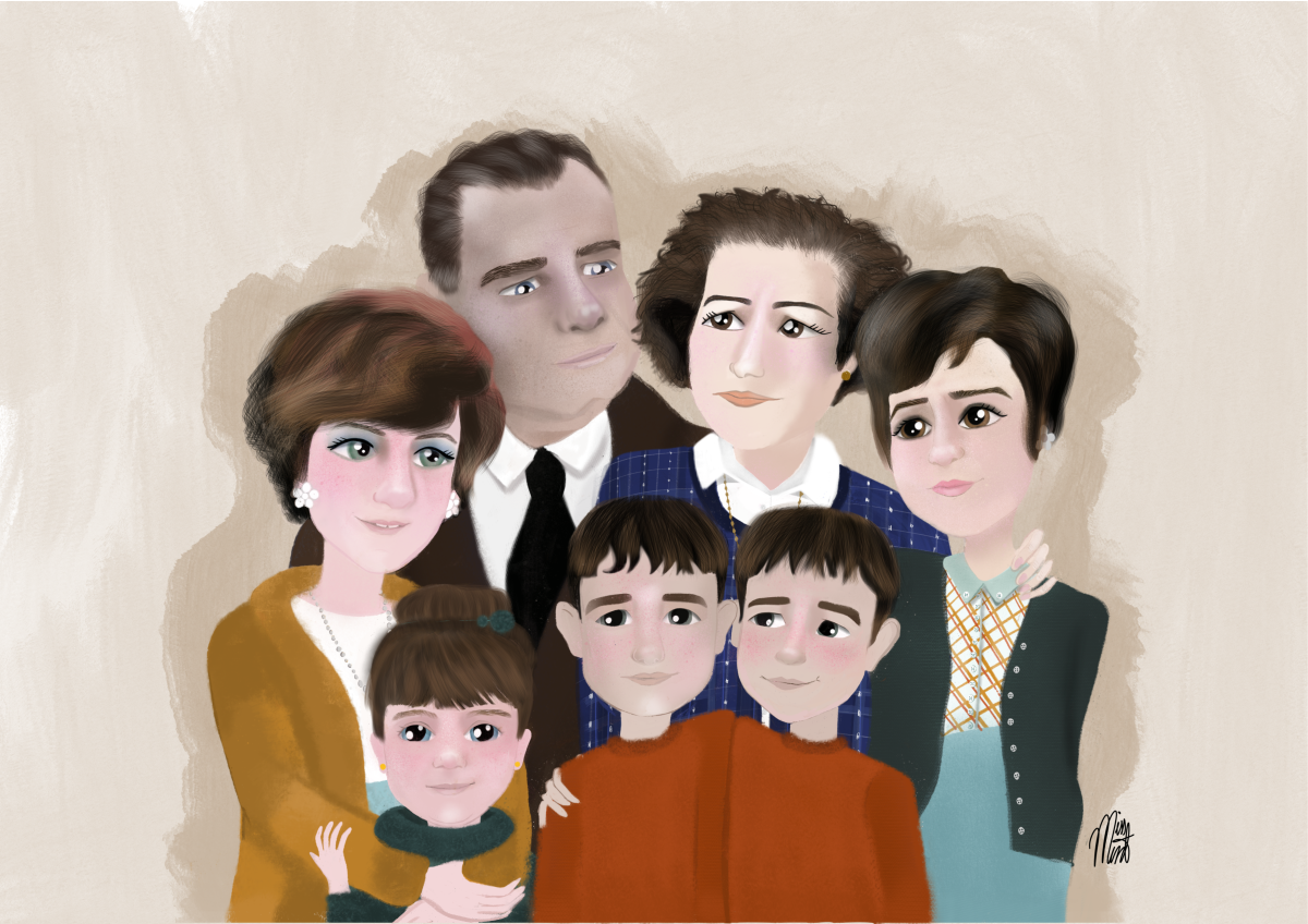 ilustración digital de una ilustración personalizada de familia. Realizada con la referencia visual de un montón de fotos de carnet en blanco y negro.
