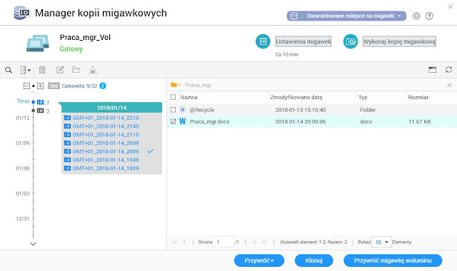 Zaznaczenie do przywrócenia pliku "Praca_mgr.docx" z migawki utworzonej przed dwiema godzinami