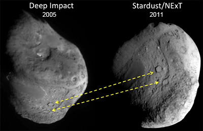 Comparison pictures of Comet Tempel-1, 2005 and 2011. NASA, 2011.