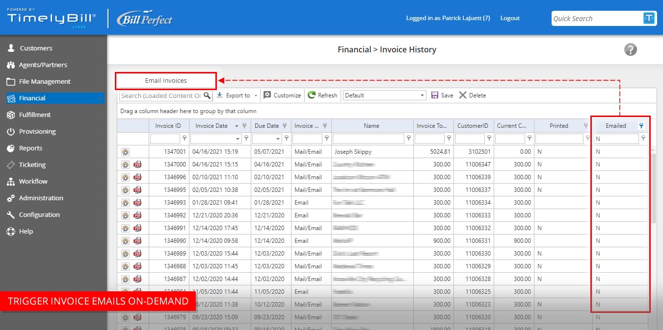 Bulk email customer invoices on-demand