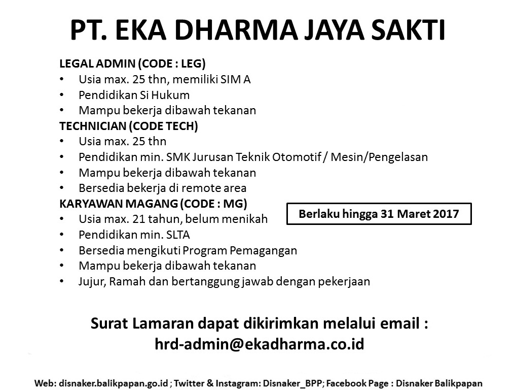 Lowongan Kerja Kota Balikpapan: Lowongan PT. EKA DHARMA 