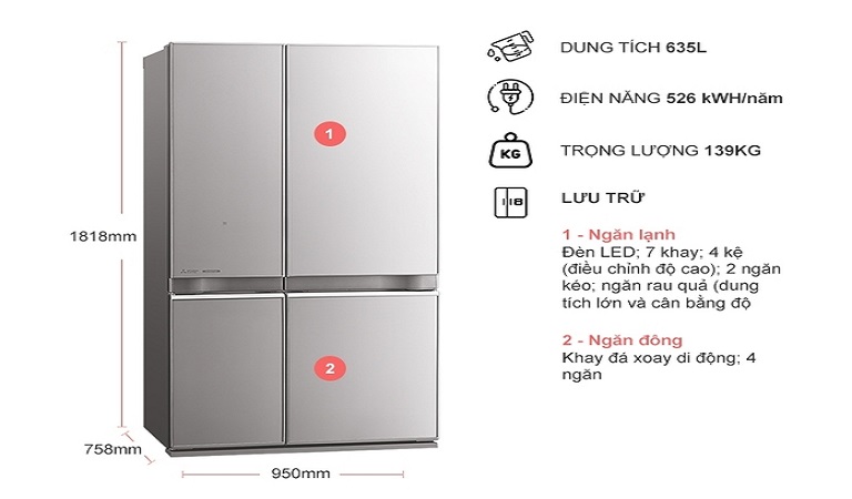 Tủ lạnh Mitsubishi 635 lít Inverter MR-LA78ER-GSL