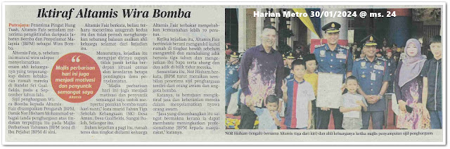 Iktiraf Altamis Wira Bomba | Keratan akhbar Harian Metro 30 Januari 2024