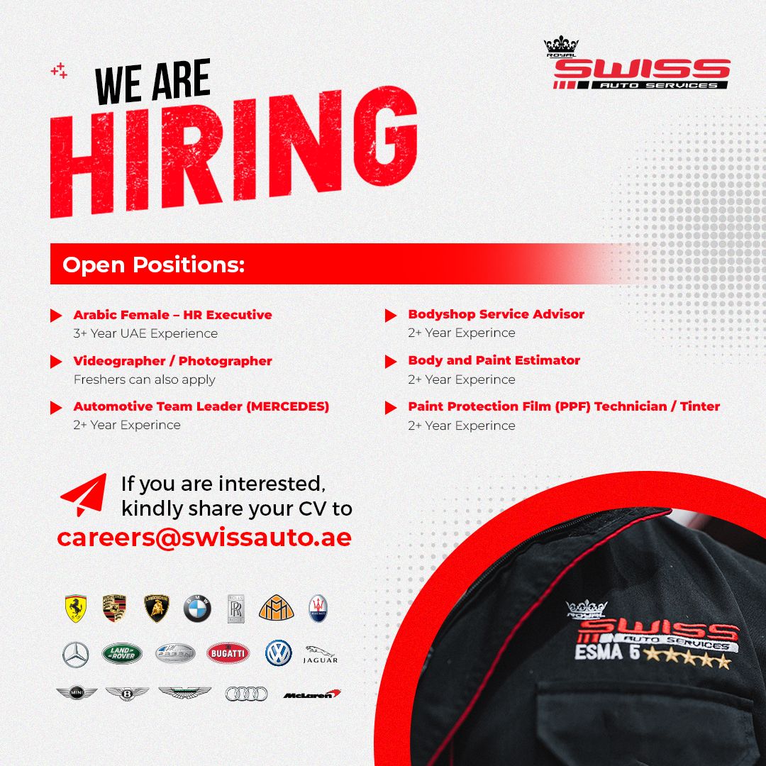 Many Job Oppertunities are Available in Royal Swiss Auto Services LLC | Abu Dhabi