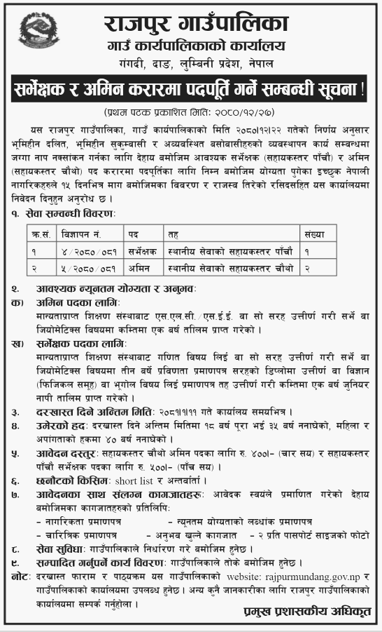 Rajpur Rural Municipality Vacancy Announcement for AMIN and Surveyor
