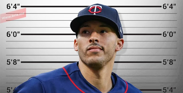 Carlos Correa posing in front of a height chart background