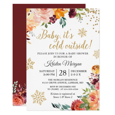  Baby Its Cold Outside Burgundy Floral Baby Shower Invitation