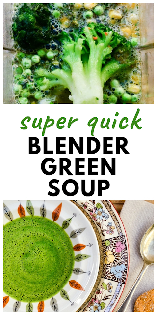 Quick Vegan Lunchtime Green Soup for One - a super fast blender soup for one. Made in minutes. Great for lunchboxes or a quick lunch at home. Low calorie and low fat. Suitable for vegans and vegetarians #blendersoup #quicksoup #greensoup #vegetablesoup #broccolisoup #vegansoup