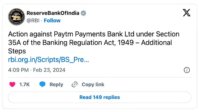 Restrictions on Paytm Payments Bank