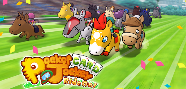 Arte de Pocket Card Jockey: Ride On! com ilustrações de cavalos cartunizados correndo e o logo do jogo.