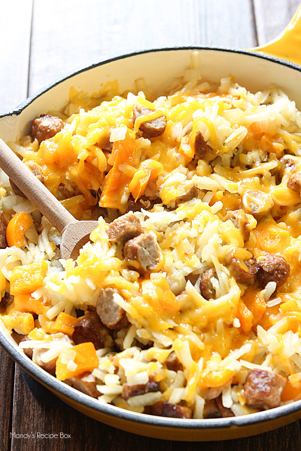 Cheesy Hash Browns and Sausage Skillet #sausage #vegan #dinner #healthyrecipes #yummy