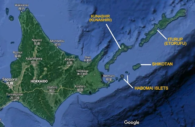 Image Attribute: The four islands of Southern Kurils /Northern Territories (in Yellow) / Source: Google Maps