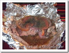Trout baked in white wine and vegetables