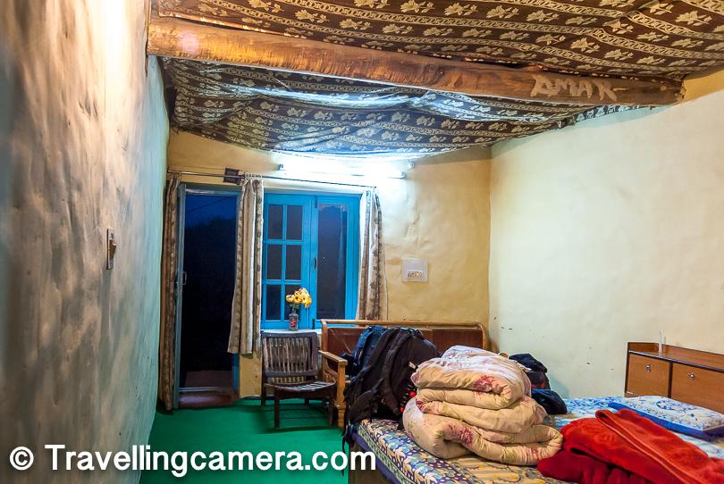 Here is how our rooms looked like. We needed cozy rooms to deal with the chill of Nako village. Nako is surrounded by snow covered peaks and hence it's quite cold during night, even in summers. We had to take out our warm cloths at Nako.