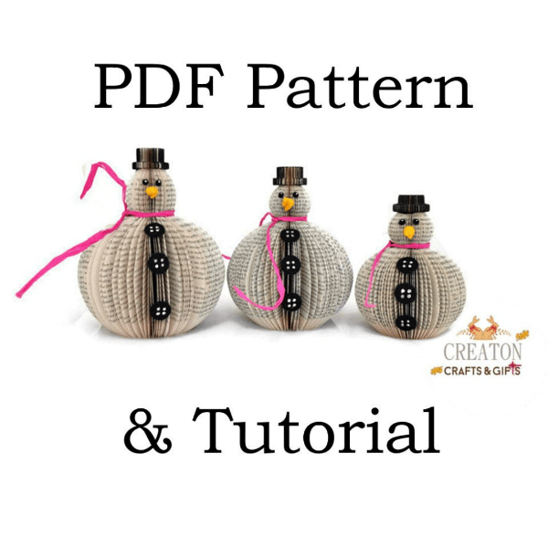 pdf pattern and tutorial cover page showing three identical chubby altered book snowmen in various sizes