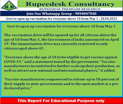 Govt to open up vaccination for everyone above 18 from May 1