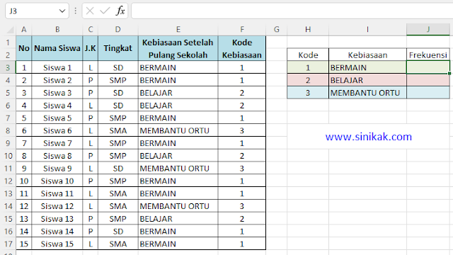 CONTOH FUNGSI FREKUENSI PADA EXCEL 1