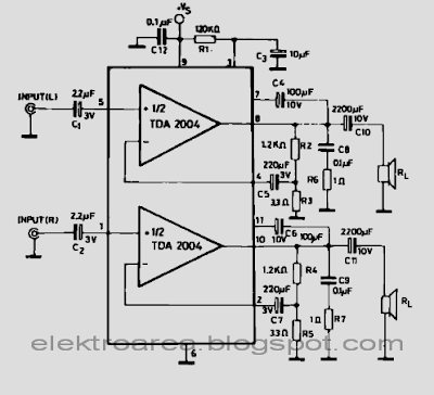 rangkaian  amplifier stereo IC TDA2004