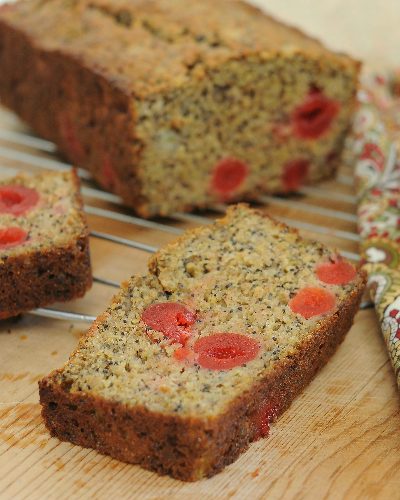 Banana Bread with Cherries & Poppy Seeds ♥ KitchenParade.com. My first and favorite recipe, such cheery color.