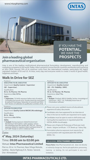 Intas Pharma Ltd-  Walk In Drive on 4th May 2024.