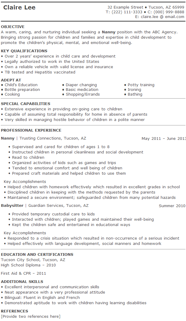 Template for Nanny Resume