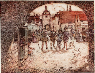 Arthur Rackham illustration of four adventurers setting out from town