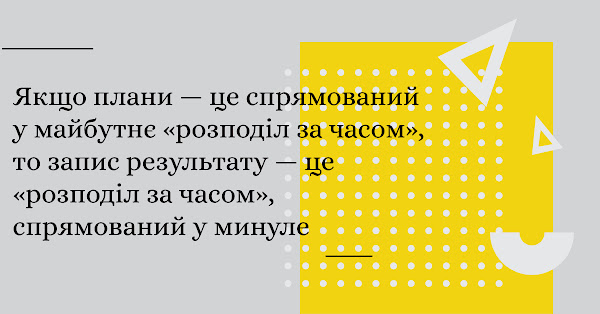 Якщо плани — це спрямований у майбутнє «розподіл за часом», то запис результату — це «розподіл за часом», спрямований у минуле