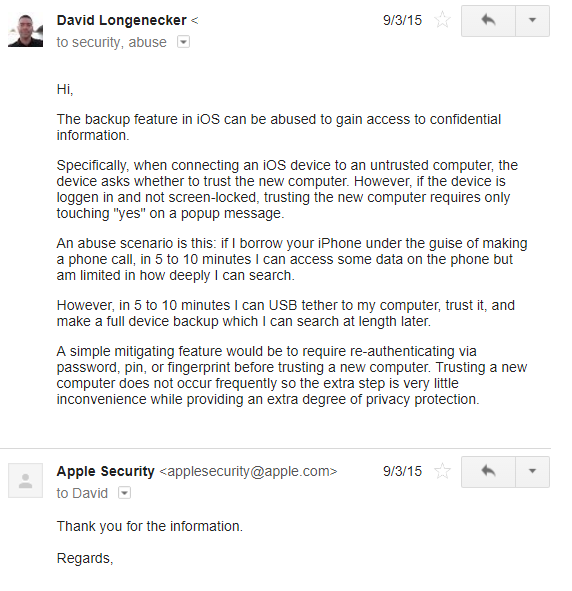 Message to apple Security in 2015, describing a feature request now implemented in iOS11
