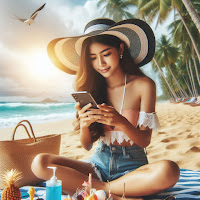 Joven en la playa usando su smartphone, disfrutando de las mejores funcionalidades de móviles de gama alta en 2024 📱🌊