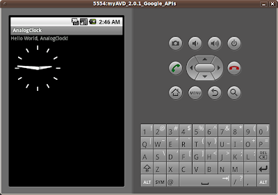 Screenshot of Android Emulator with a AnalogClock