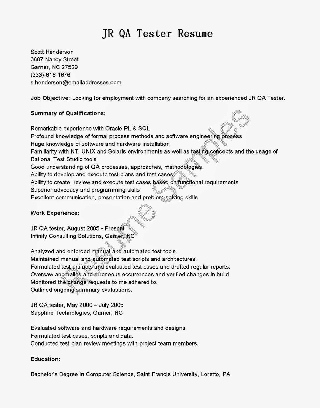 JR QA Tester Resume Sample