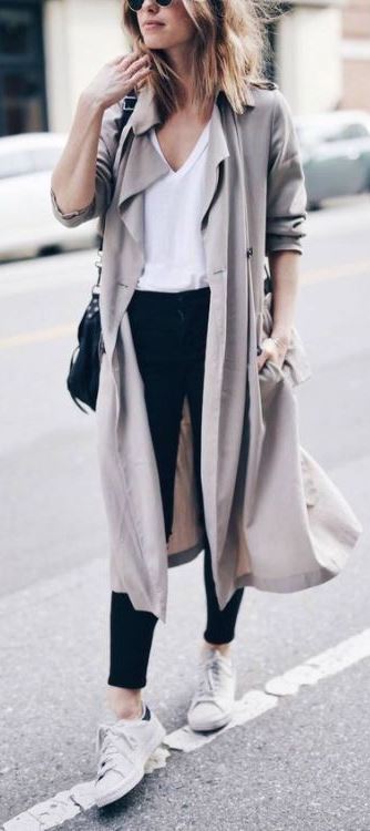 cute outfit idea / nude coat + white top + bag + black skinnies + sneakers