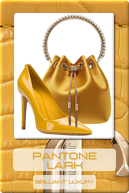 ♦Pantone Fashion Color Lark #pantone #fashioncolor #yellow #shoes #bags #brilliantluxury