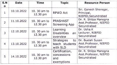 APSS-IE Wing - Organizing Five days online training Program on RPWD Act, PRASHAST App and Learning Disabilities for all Teachers and Special Educators in the State from 10th October, 2022 to 14th October, 2022 - Instructions issued - req Procs.Rc. No. SS-2302L/ 6L1 2020-1ED KGBV-SSA Date: 07-10-2022 .