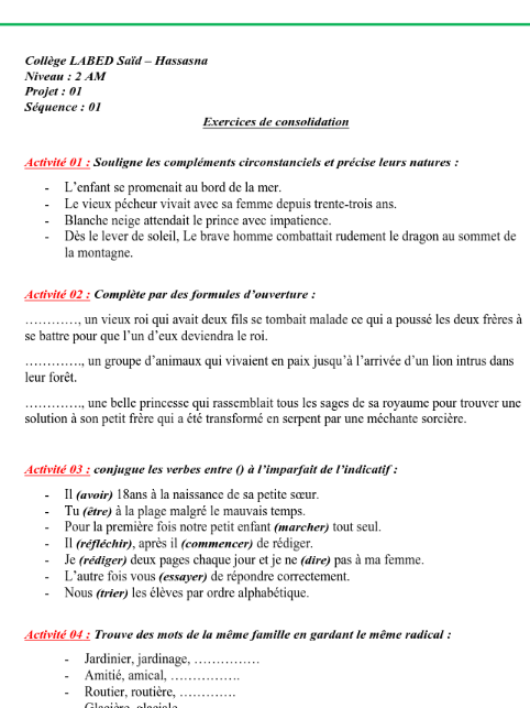 Exercices de consolidation-Niveau 2 AM