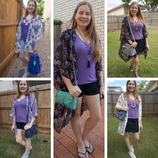 5 kimono outfit ideas with a lilac vneck tee shirt awayfromblue