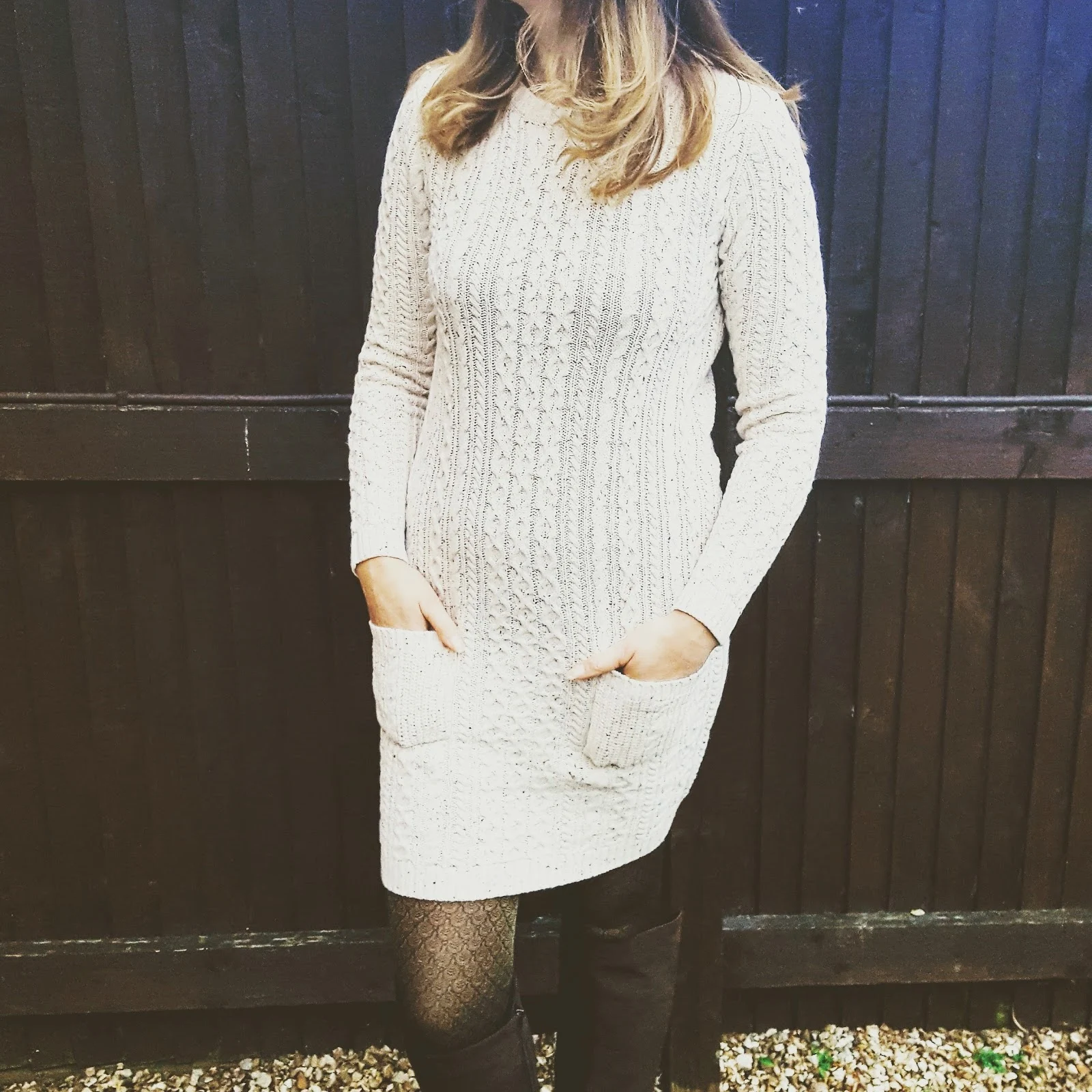 Cream Jumper Dress And Long Brown Boots
